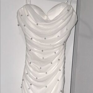 Windsor Elegant White Draped Pearl Dress